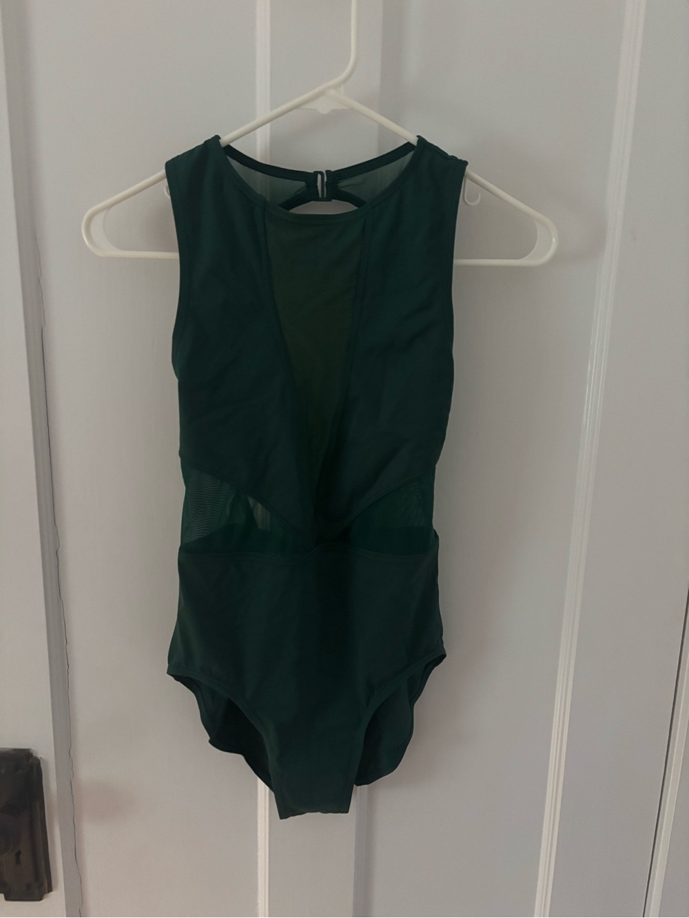 Womens Forest Green Mesh-Accent Leotard